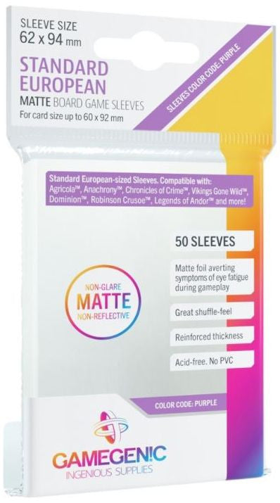 Gamegenic Matte Board Game Sleeves - Standard European 62mm x 94mm (50 Sleeves) [Colour Code: PURPLE]