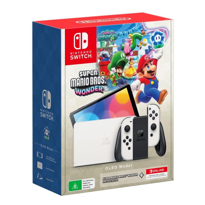 Nintendo Switch Console OLED Model White + Super Mario Bros Wonder DLC & 12-Month Online Membership Bundle